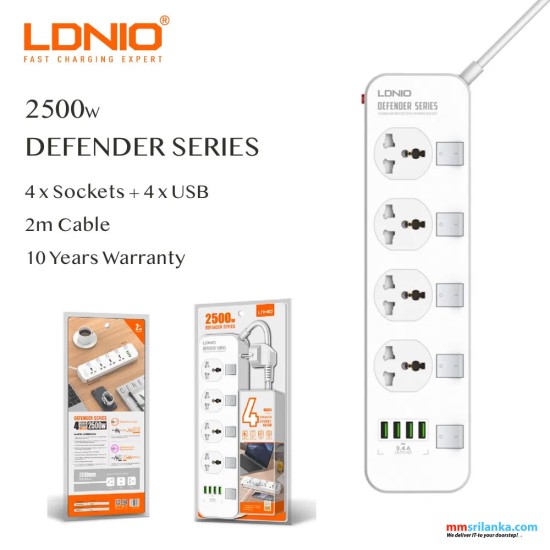 LDNIO SC4408 4 Power Socket + 4 USB Defender Series 2500W (6M)